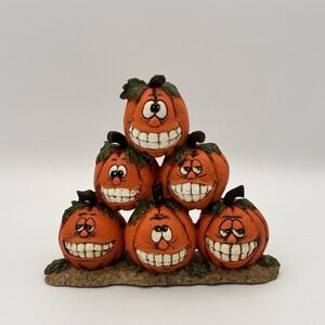 Vintage Halloween Grinning Pumpkin Stack Resin Figurine Jack O Lantern Decor